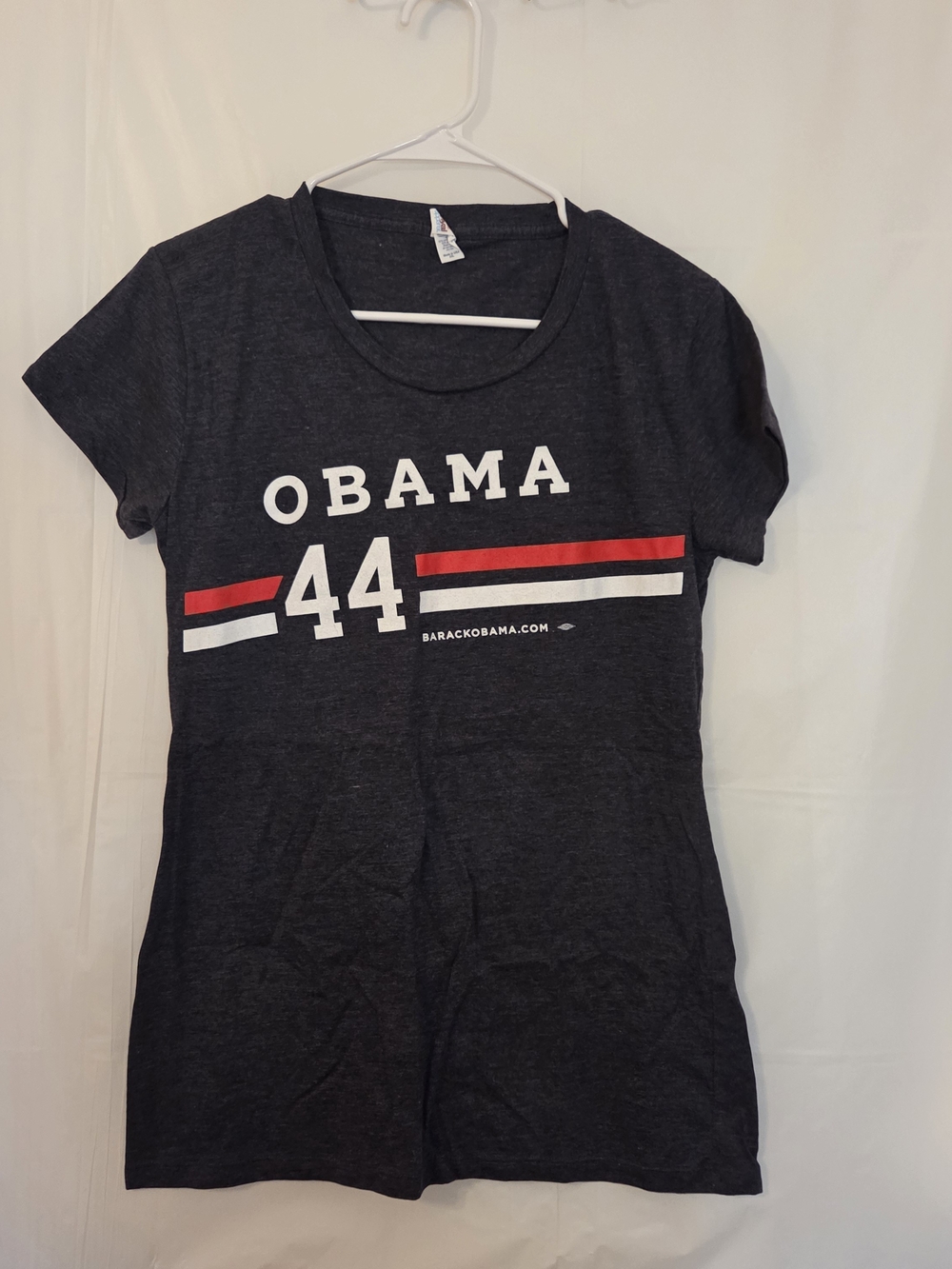 Obama 44 Womans Graphic Tee - Black with Red & White Stripes Sz. L